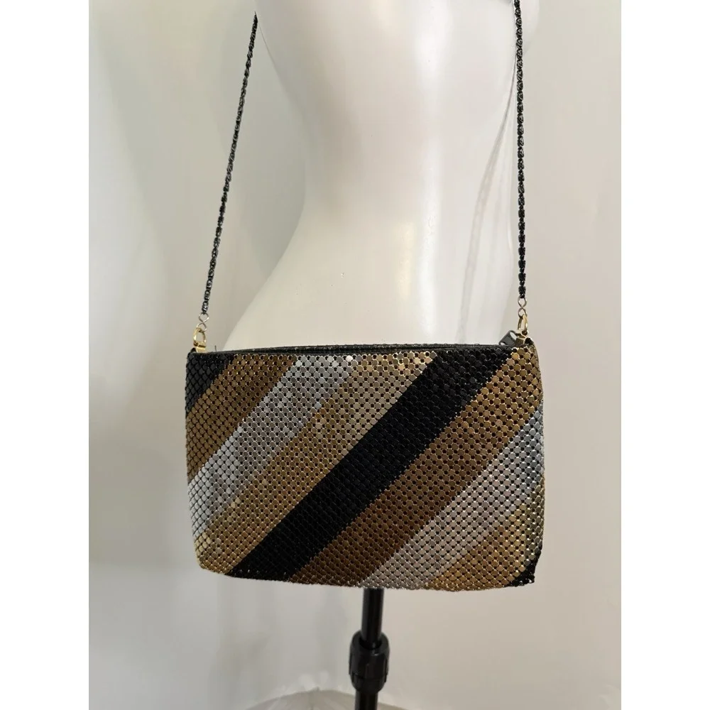Vintage 70 80s Gold Black Bronze Silver Mesh Stripe Purse Bag Clutch Cross Body